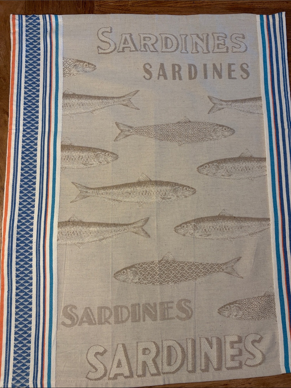 French Bistro Linen 'Sardines' Kitchen Towel with Blue & Orange Stripes